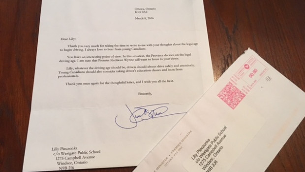 Lilly Pieczonka, 9, was excited when she got this letter from Prime Minister Justin Trudeau.