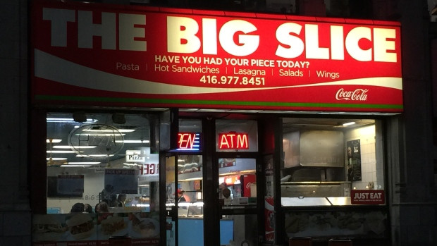 The Big Slice staff were giving away free pizza slices to homeless people in the area until the early morning on Monday.