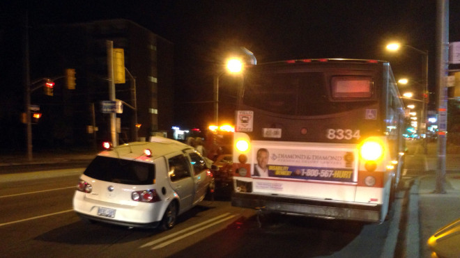 Toronto police are investigating after a car and a TTC bus collided near Yonge and Steeles on June 10, 2016. CITYNEWS/Bertram Dandy.
