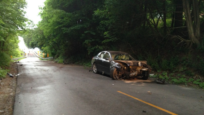 Toronto police investigate a single-vehicle crash on Meadowvale north of Old Finch on June 16, 2016. CITYNEWS/Bertram Dandy