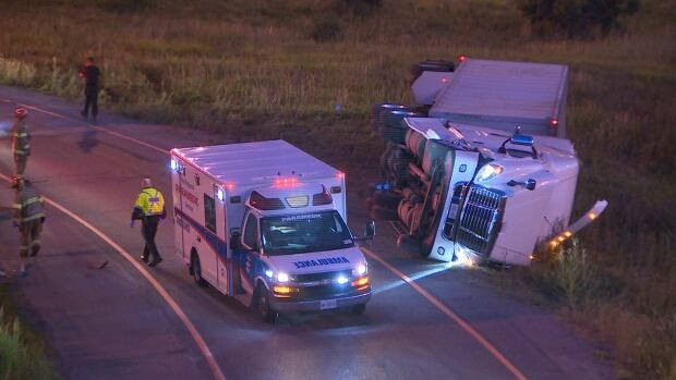 A driver was taken to hospital with minor injuries after a truck rollover at Derry Road and Highway 410 Monday morning. 