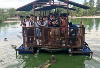游客在破旧的“铁皮船”上钓鳄鱼 场面惊险
