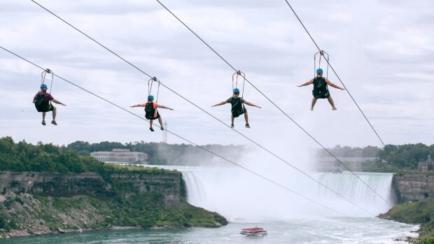 Tourists suspended above the water from zip lines make their way at speeds of up to 60 km/h toward the the mist of the Horseshoe Falls, on the Ontario side of Niagara Falls, in this July 19, 2016, photo. 