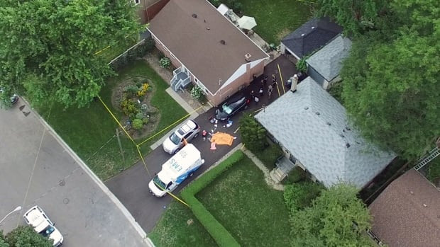 Drone footage shows the fatal crime scene on Lawndale Road where three adult bodies were located with apparent crossbow injuries.