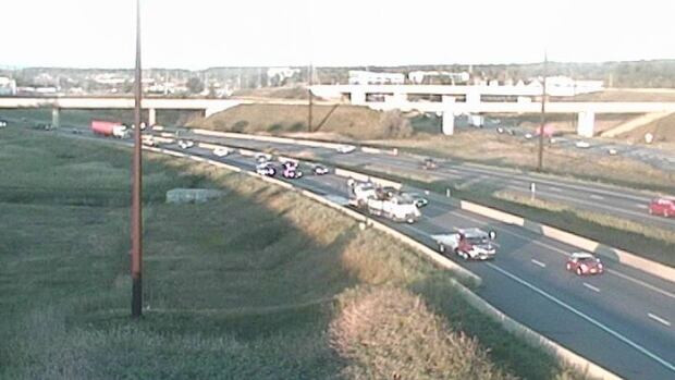 One left eastbound lane of the QEW reopened around 7 a.m.