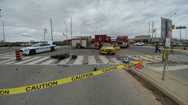A vehicle involved in a serious collision near Steeles Avenue and Financial Drive in Brampton is shown. (Pascal Marchand)