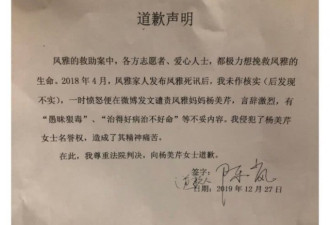 陈岚致歉：未作核实便谴责凤雅妈妈 向其道歉
