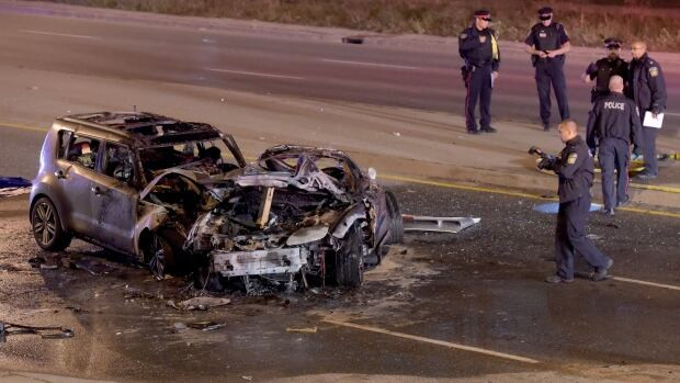 Two vehicles were left destroyed after a Monday evening crash in Brampton.