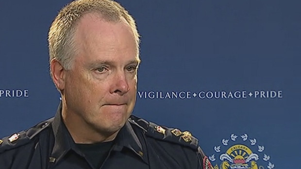 Calgary police Chief Roger Chaffin speaks to reporters about the three officers charged with assault after a violent arrest.