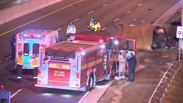 Toronto Fire Services on scene of a fatal crash on the Gardiner Expressway eastbound at Jameson Avenue. A woman was pronounced dead in the crash.