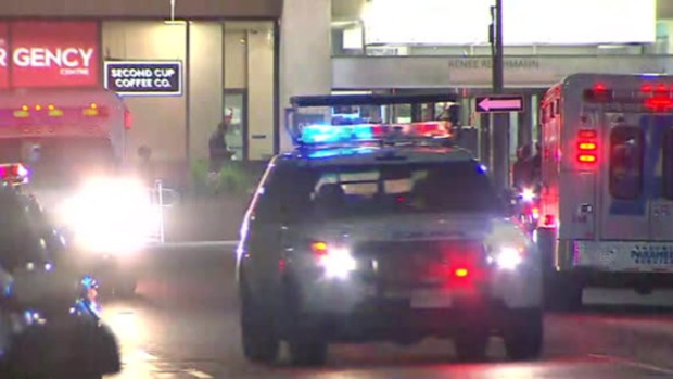 An ambulance arrives at a Toronto trauma centre from Barrie Sunday July 15, 2018.