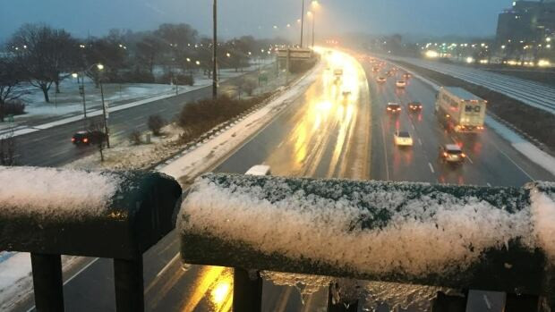 A view of the snowy Gardiner Expressway on Thursday morning.