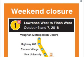 本周末地铁一号线Finch与Lawrence间暂停营运