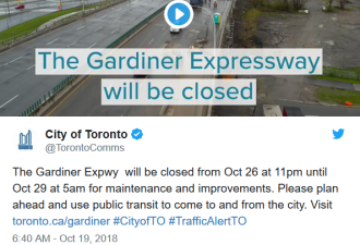 年度维修 Gardiner Expressway下周关闭三天