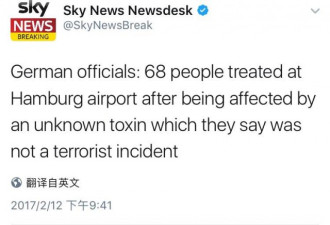 德国汉堡机场毒气进入大厅 至少造成68人伤