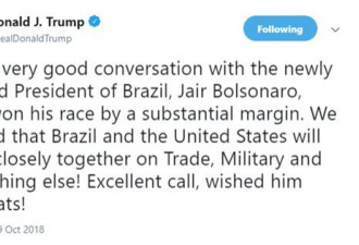 特朗普承诺与巴西特朗普军事贸易等合作