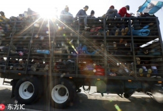 “大篷车”挺进美国一幕：卡车上下四层挤满人