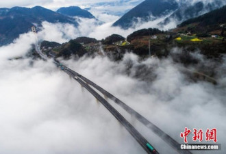 沪渝高速泗渡河大桥云山雾罩 宛如仙境