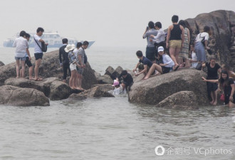 游客忙拍照被困礁石 脱裤子 跳水 狼狈上岸