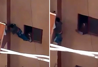 惊险！埃及少年忘带家门钥匙被母亲强迫爬三楼