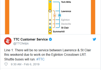 本周末地铁一号线Lawrence与St. Clair站区间关闭