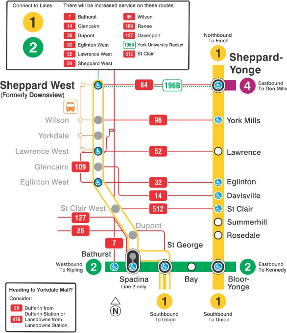 Map showing subway closure between St George and Sheppard West stations.