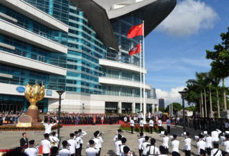 悬挂中国国旗香港特区区旗的直升机从空中飞过