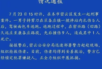 男子持剪刀扎伤5人撞伤9人逃逸 已致一人死亡