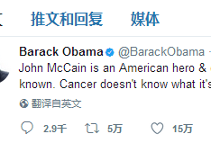 麦凯恩患脑癌 特朗普、奥巴马、希拉里都表态了