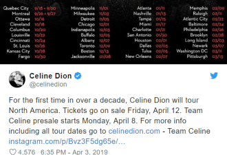 51岁天后塞琳-迪翁还要唱 全球巡演包括多伦多