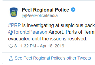 多伦多皮尔逊机场航站楼因可疑包裹短暂疏散