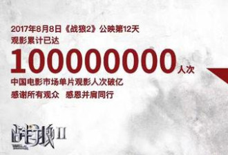 《战狼2》观影人次破亿 创中国近二十年来新高
