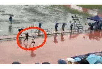 四川大学的老师们在雨中撑伞跑完800米比赛