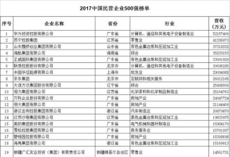2017中国民企500强: 华为苏宁位列前二