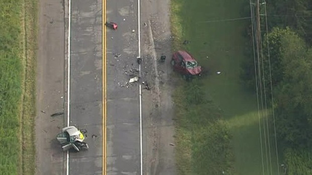 Two heavily damaged vehicles are seen on Lake Ridge Road in Uxbridge after a collision on Sept. 5, 2017. (Chopper 24)