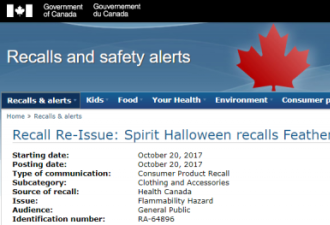 小心：加拿大召回四款有毒万圣节装备