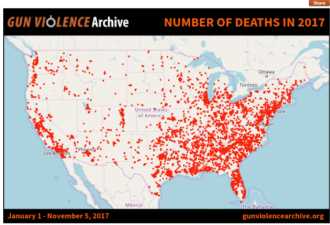美国2017枪案分布图:52361起 致死13139人