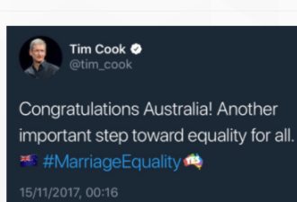 库克祝贺澳同性婚姻公投通过 却用新西兰国旗