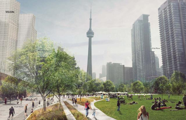Looking east through the Rail Deck Park concept proposal, City of Toronto