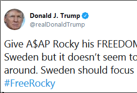 特朗普推特扛上瑞典首相：放了美国说唱歌手！