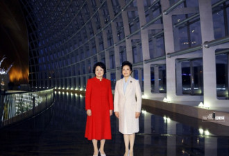 彭丽媛与韩第一夫人参观国家大剧院 穿衣优雅