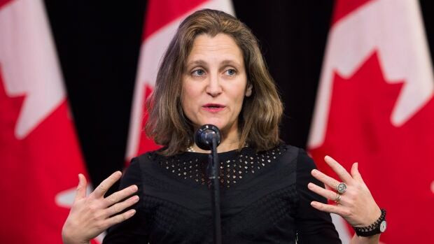 Minister of Foreign Affairs Chrystia Freeland speaks to the media before the Liberal cabinet retreat in London, Ont., on Friday, January 12, 2018.