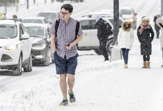 美大学男生不惧严寒 零下8度穿短袖短裤上学