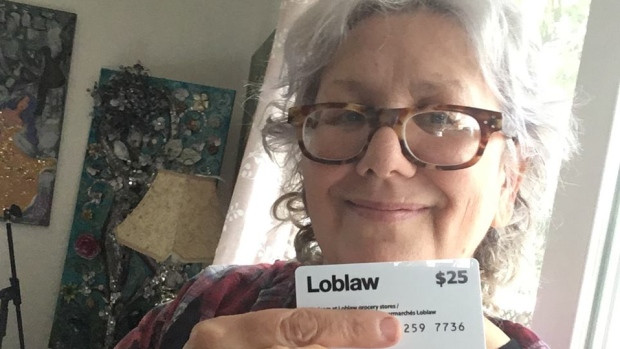 Sharron Katz in Stratford, Ont., with her $25 Loblaw gift card that arrived in his mail this week. 