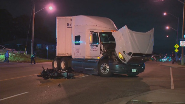 Toronto police are investigating a collision involving a motorcycle and a truck in Scarborough that injured one person. (CP24)