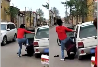 女子当街脚踹养母 遭村民殴打砸车教训