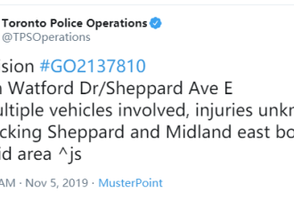 Sheppard/Midland车祸请绕行