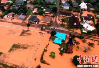 航拍美国夏威夷强降雨引发泥石流、洪灾现场