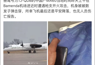 中国产客机降落喀麦隆遭枪击 机身中弹无人伤亡
