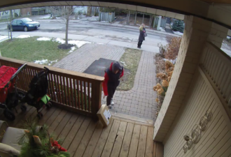 视频曝光：多伦多女子带儿子偷别人门前包裹